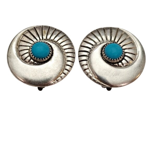 Brushed Sterling Turquoise Clip-On Round Earrings C883